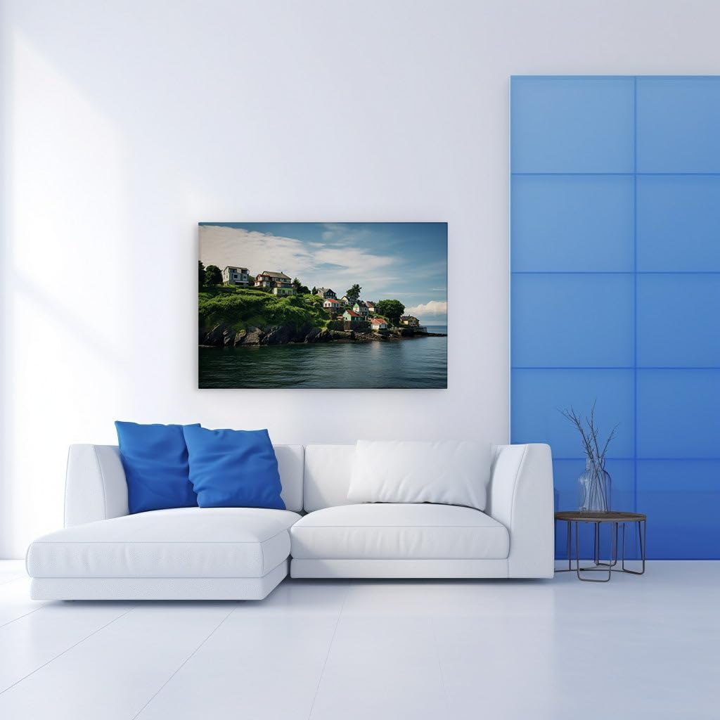 Canvas for Living room. Picturesque Serenity: A Lush Seaside Village Oasis Cradled by Nature, 27 x 18 inch Canvas Wall Art - Contemporary Masterpieces - Modern Home Decor