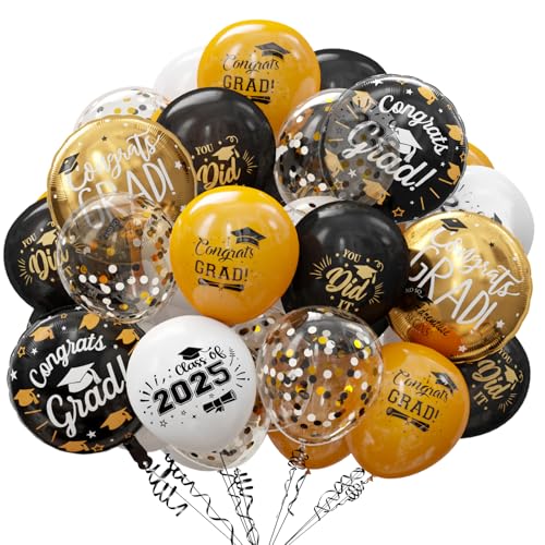 Juego de globos de decoración de graduación, 60 globos de látex de confeti negro dorado con cintas para universidad, universidad, escuela secundaria, graduación, suministros de decoración de fiesta