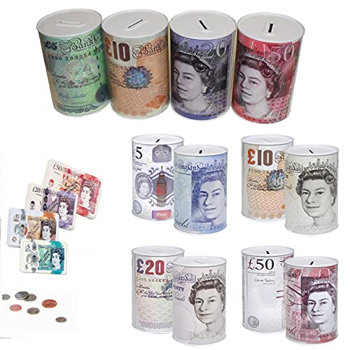 1 X Sterling Bank Note MONEY TIN -Sterling Piggy Bank, Coin Tin, Cash, Saving, Money Box, Birthday Money, Holiday & Christmas Fund (1 RANDOM Tin)