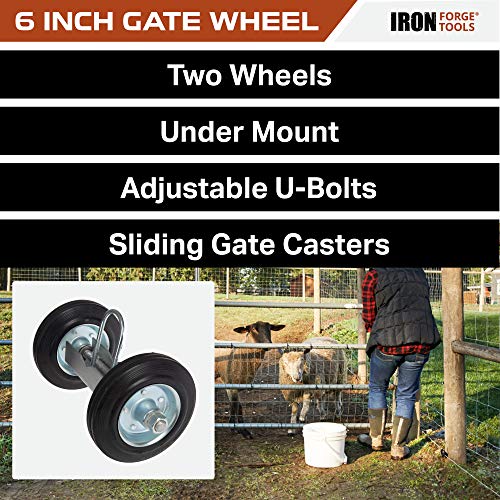 Image of Iron Forge Tools 6 Inch Hard Rubber Under Mount 2 Fence Gate Wheel, Heavy Duty Sliding Gate Wheels for Wooden or Metal Tube Type, 7 Inch Axle - Adjustable Steel U-Bolts for Mounting