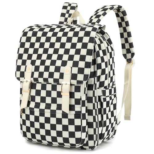 Image of Women Laptop Backpack, Corduroy 15.6 inch Travel Backpack for Work College Business, Teacher Nurse Bag with Large Capacity School Bookbag Bags for Girls - Checkered Black