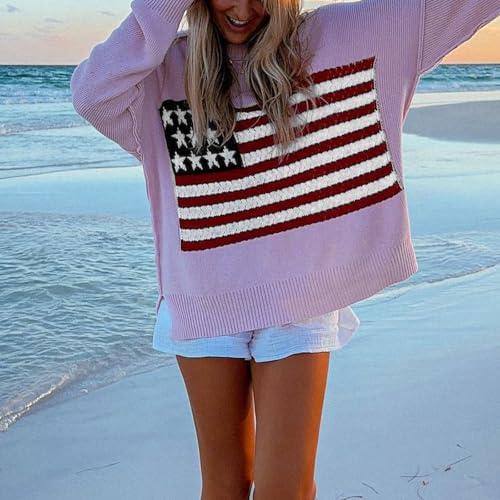 Image of Womens American Flag Sweater Long Sleeve Crew Neck Star Graphic Knit Pullover Tops Casual Loose USA Sweater