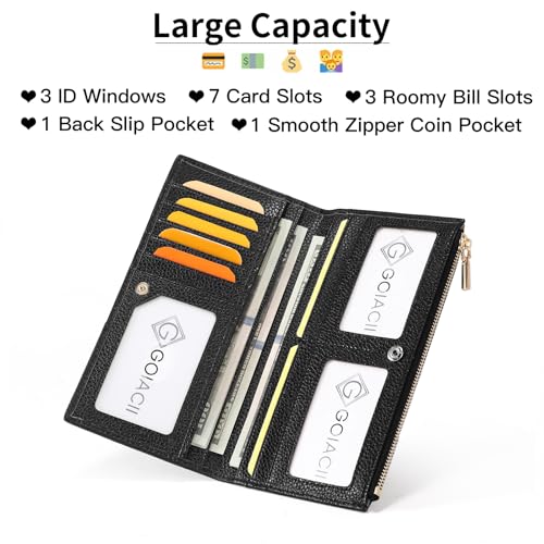 Slim Genuine Leather Wallet for Women RFID Blocking Bifold Credit Card Holder with Zip Pocket Blue (Black)3