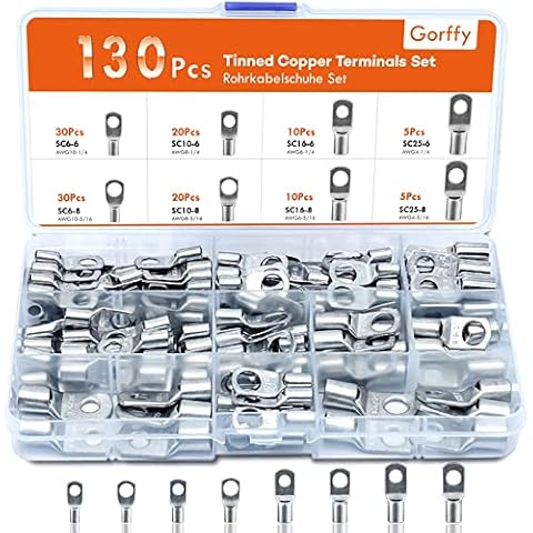 Gorffy Wire Terminal Connectors 130 Pcs, Battery Terminals Connectors Tinned Copper, Cable Ends Lugs Bolt Hole, Crimp Terminals Ring Connectors for Electric, Auto Cover