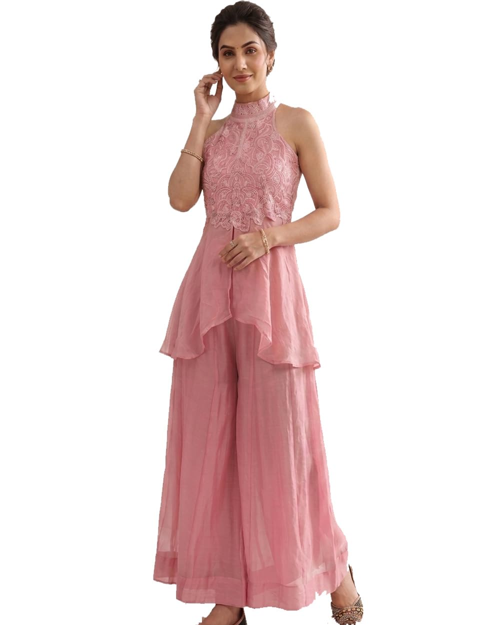 Women's Premium Fandy Crush Sleeveless Short TuniTop and Flared Sharara Palazzo 2-Piece Set|Designer Indo-Western Dress Suit with Heavy Beads & Moti Work-image-32