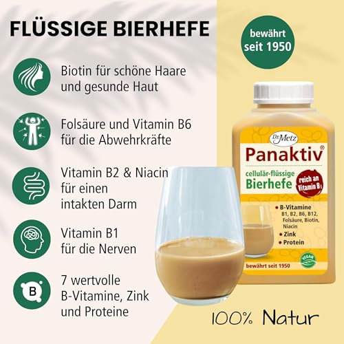 Panaktiv® - flüssige Bierhefe, 500 ml • Vitamin B1, B12, Folsäure, Biotin, Vitamin B2, B6, Niacin, Zink • für einen aktiven Stoffwechsel • für schöne Haut und Haare • reines Naturprodukt