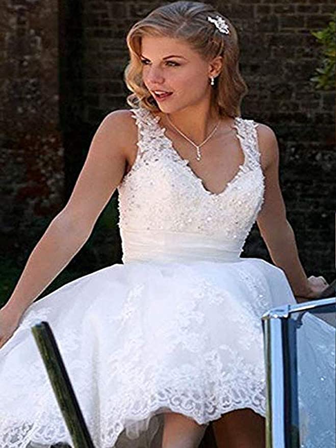 Image of QXMYOO Women V-Neck Short Wedding Dresses Lace Prom Party White Homecoming Dress