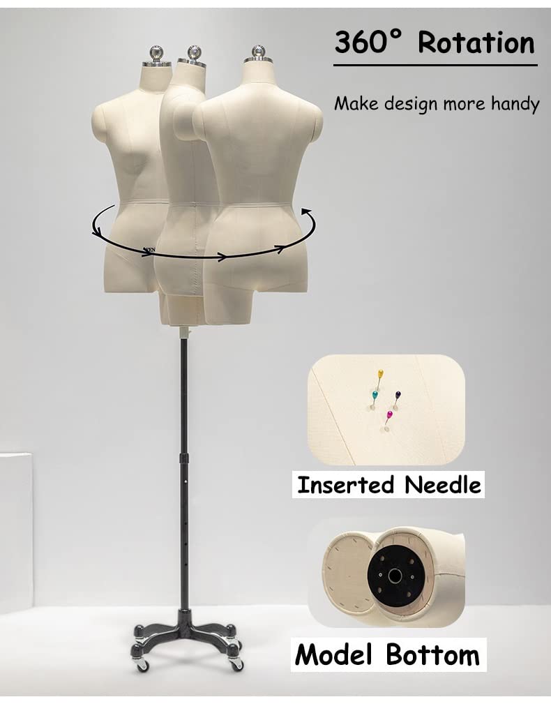 sdneNest Weibliche Schaufensterpuppe zum Nähen von Kleidung, Schneiderpuppe, Schneiderpuppe, Übergröße, Torso-Ständer auf Rädern, Weiß, Größe M
