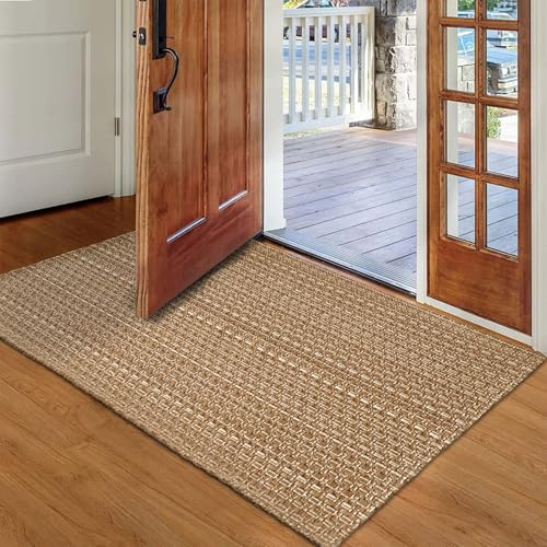 Tan Brown Boho Braided Entryway Rug 2x3 ft,Solid Indoor Small Area Doormat | Neutral solid braided mat suitable for front porch,bathroom,kitchen and b