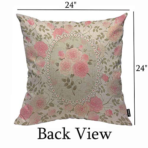 Hosnye Shabby Chic Rose Pattern Throw Pillow Case Cushion Cover Lace Frame With A Bouquet Of Roses Cotton Linen For Couch Bed Sofa Car 24X24 Inch #TOP1