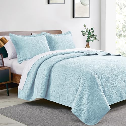 Love's cabin King Size Quilt Set Spa-Blue Bedspreads - Soft Bed Summer Lightweight Bedspread Comforter - Modern Style Coin Pattern Coverlet for All Season - 3 Pieces (1 Quilt, 2 Pillow Shams)