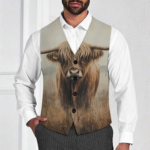 Highland Cow Print Men's Suit Vest Slim Fit V-Ncek Waistcoat Business Casual Vest2