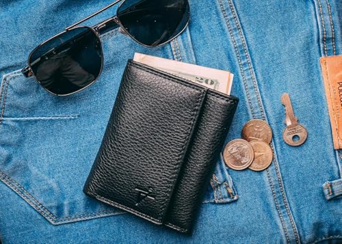 Mens Trifold Wallet RFID Protection Genuine Leather Trifold Wallet Key Holder Velcro's Closure Card Case Holder (J133, Black)3