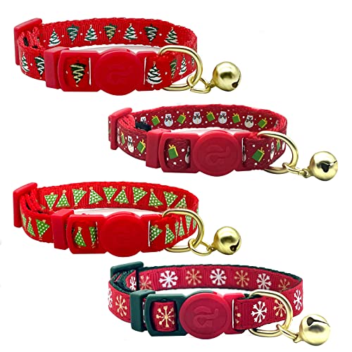 azuza 4 Pack New Year Kitten Collar Set Adjustable Breakaway Kitten Collars with Bells New Year Pet Collar with Cute Design, Green Tree Snowflake Snowman