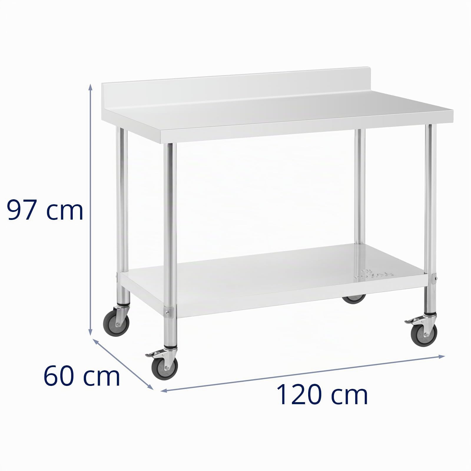 Royal Catering RCAT-120/60-WS Edelstahltisch mit Rollen und Aufkantung 60 x 120 cm 158 kg Tragkraft Arbeitstisch