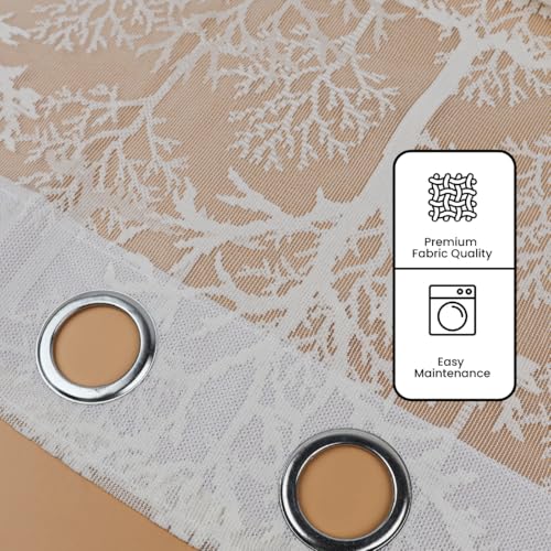 Image of Fabrilia Cream Net Curtains Set of 2 | Sheer Tree Pattern Drapes for Long Door 9 feet | Semi Transparent Curtain for Living Room, Bedroom & Balcony