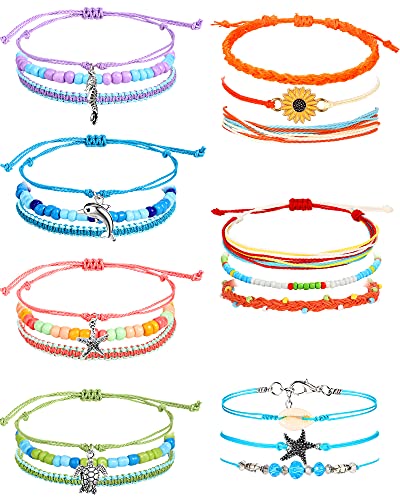 Image of Hicarer 21 PC Surfer Wave Friendship Bracelet Set Waterproof Adjustable Boho Beach String Anklets Bulk, Summer Gift for Women