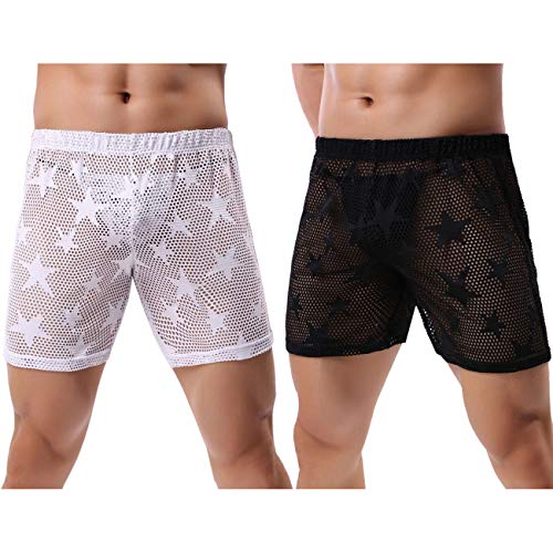 KAMUON Men's Sexy Mesh See Through Summer Beach Lounge Shorts Boxer Underwear (Waist : 31"-33", Black+White-style#1)