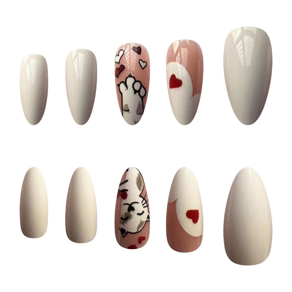 Lovely Cats Glossy False Nails White Almond Shape Full Covers Stick on Nails Heart Acrylic Nails