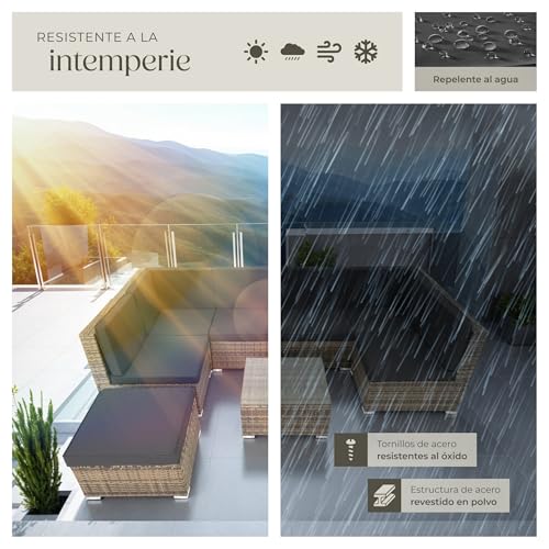 tectake® Conjunto Jardín de Ratán con Cojines, Conjunto Terraza Combinable y Resistente a la Intemperie, Muebles Jardín Exterior 6 Sillones, 1 Mesa, 1 Taburete, Estructura y Tornillos Acero - Natural - imagen 7
