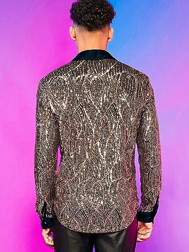 WDIRARA Men's Button Front Long Sleeve Contrast Collar Sequin Shirt Metallic Party Club Tops2