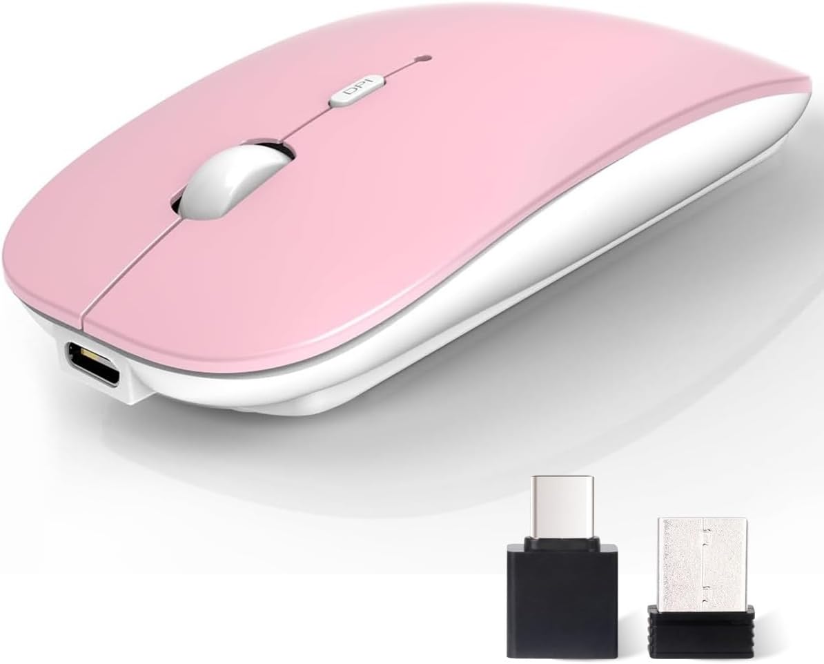 Pink wireless Bluetooth mouse with its USB receiver