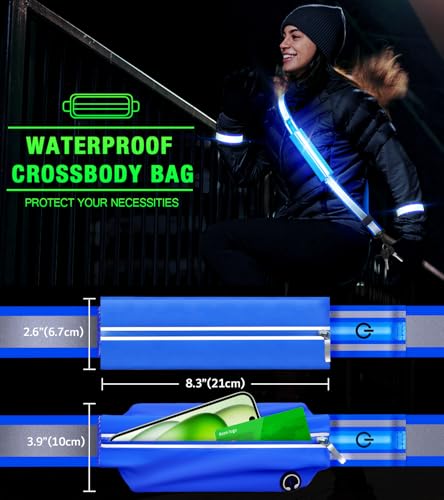 LED Belt Reflective Sash for Walking at Night,High Visibility Adjustable Night Running Safety Gear,Light Up Running Belt Reflective Gear with Phone Bag/Armband for Runners Walkers Men Women (Blue) - Image 3