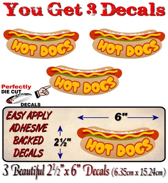 Image of 3 Hot Dogs Cartoon Design 6 inch Decals for Concession Trailer or Hotdog Cart Menu Board Vinyl Stickers (3 Decal Set - 2 inchx 6 inch)