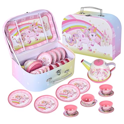 Fairy Toona Unicorn Tea Party Set for Little Girls Ages 3-6 15-Piece Pretend Play Kitchen Toys with Teapot Cups Plates & Storage Case Princess Gift Set