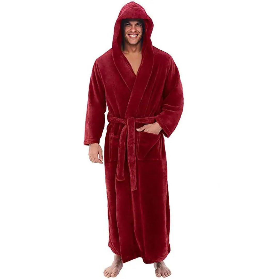 Albornoz de invierno grueso de manga larga para hombre, bata cómoda con capucha, bata de baño, ropa de dormir, abrigos rojos, 4XL, rosso, XXXXL
