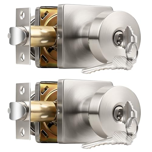 Probrico Keyed Entry Door Knobs Interior/Exterior 2 Pack, Classic Keyed Bedroom/Bathroom Door Knobs Entrance Lockset, Square Base Doorknobs with Brushed Nickel Finish