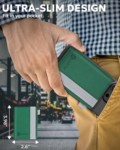 Image of Stick-On Phone Wallet for Back of iPhone or Android Case | 6 Sleeve Credit Card Holder - Pocket for Cards, Money & ID - Built-in Stand - Waterproof Material - Travel, Work & Life-Proof - Green