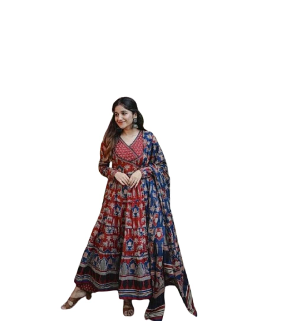 BLUEWINGSCRAFTS Women's Anarkali Printed Cotton Kurta & Pant with Dupatta Set