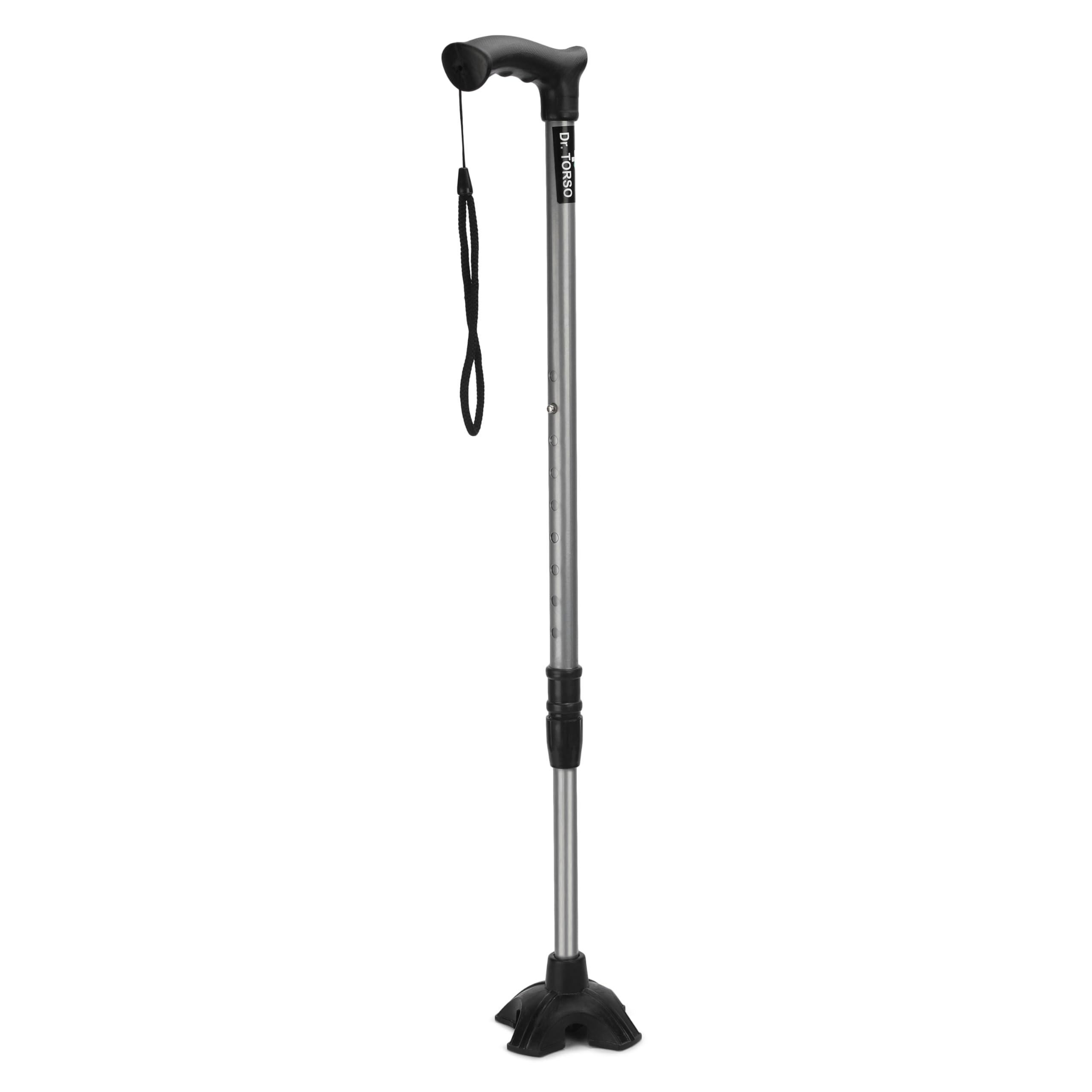 Sturdy Walking Stick with Self Standing Wide Base and Adjustible Height, Mild-Steel Body for Men/Women, Patients, Old People (Silver)
