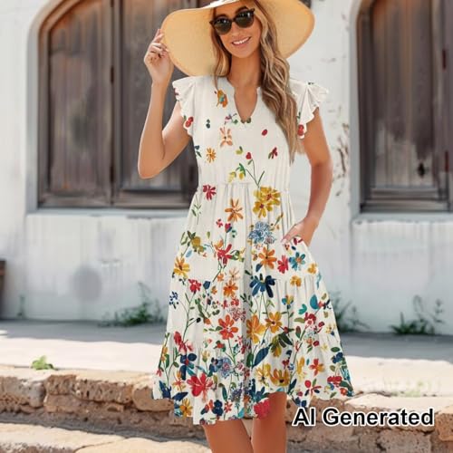 Image of Womens Summer Dress Ruffle Sleeve V Neck Dress Casual Fit Flowy Beach Vacation Sundress with Pocket S-2XL
