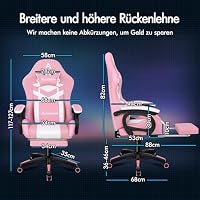 ALFORDSON Gaming Stuhl Gamer Stühle RGB LED Racing Gamer-Stuhl PC-Gaming-Sessel Massage Bürostuhl ergonomisch Fußstützen, Schreibtischstuhl, Neigungswinkel 90-150°,180 kg belastbar, Rosa – Ansicht 2