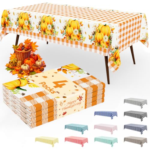 Image of Smiry Plastic Table Cloth Disposable 4 Pack, 54 x 108 Inch Rectangle Waterproof Tablecloth, Printed Gold Table Runner Style for Birthday Weeding, Party Decorations, Sturdy, Orange Pumpkin