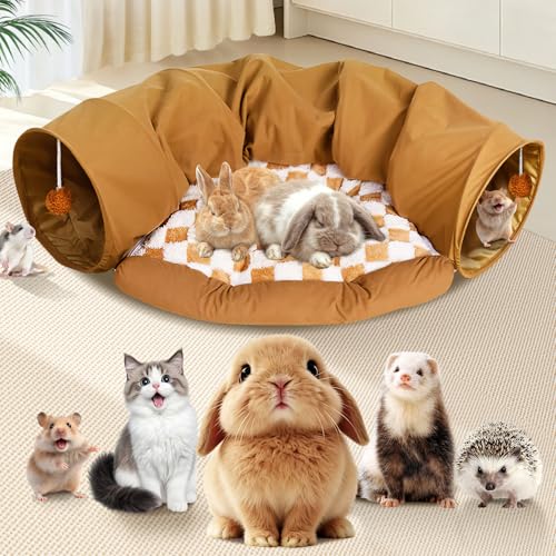 Spardar Bunny Tunnel Bed 2-in-1 Collapsible Tunnel Tubes Toys Washable with Removable Mat Hideout Interactive Toys for Rabbits Chinchilla Hedgehog Guinea Pigs Kitty Khaki