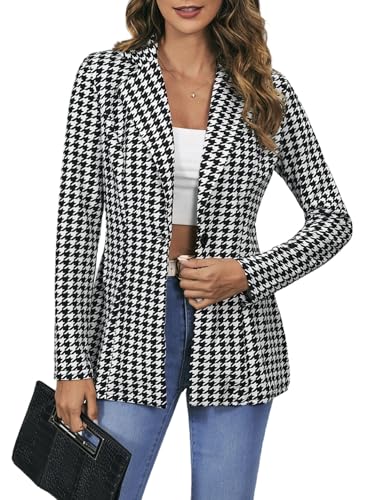 MakeMeChic Women's Houndstooth Blazer Jacket Button Down Long Sleeve Work Casual Blazer