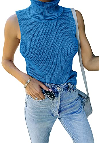 Image of Womens Sleeveless Sweater Vest Turtleneck Ribbed Knit Tank Tops Basic Slim Fit Top