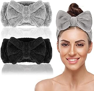 2 Pack Bowknot Spa Headband, Soft Coral Fleece Facial Makeup Hair Wrap Makeup Fluffy Headband for Women Girls Washing Face Skincare, Black and Grey