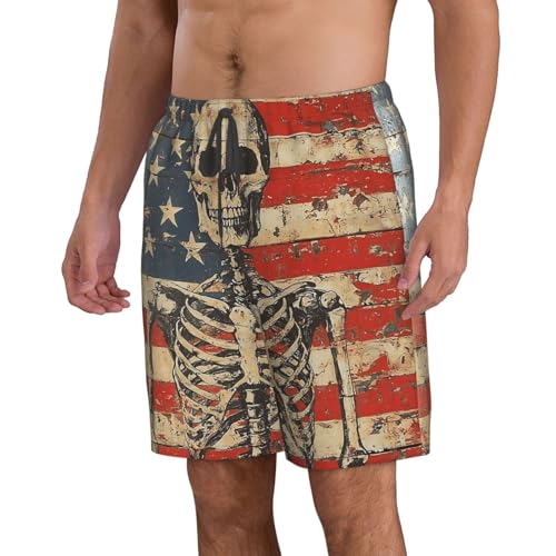 Men's Swim Trunks Beach Board Shorts Swimming Quick Dry - American Flag Skeleton Vintage Art2