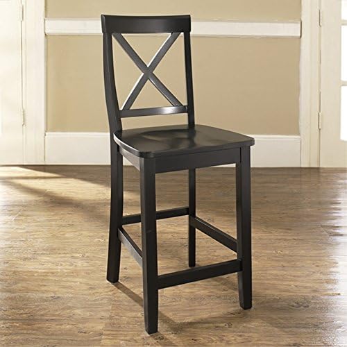 Ergode Set of 2 Solid Hardwood X-Back Bar Stools | Durable & Comfortable | 24 Seat Height | Black Finish