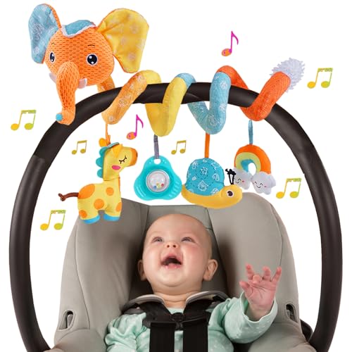 Image of Car Seat Toys for Baby, Spiral Activity Stroller Toy for Infants 0-6 Months, Hanging Baby Toys Crib for Newborn 0 3 6 12 Months Developmental Toy with Music Box Rattle Squeaker- Orange Elephant