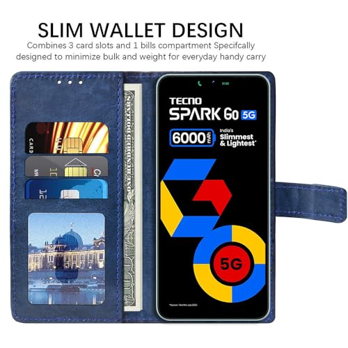 Image of Flip Cover Back Case for Tecno Spark Go 5G | Premium Leather Finish | Inbuilt Pockets & Stand | Flip Cover Back Case for Tecno Spark Go 5G (Blue)