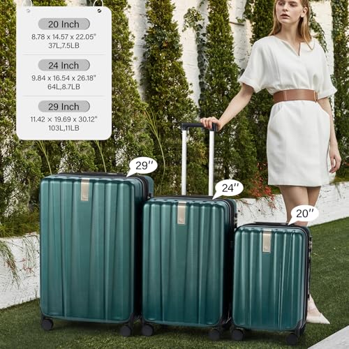 Image of Hanke Hardshell Luggage Sets 3 Piece Extra Large Suitcases with Lock,28 Inch Luggage with Spinner Wheels, PC Travel Suitcase for Women Men 20 24 29Inch,Blackish Green