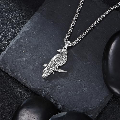 Raven Necklace 925 Sterling Silver Raven Skull Crow Pendant Gothic Jewelry for Men, w/Stainless Stain 22"+2"2