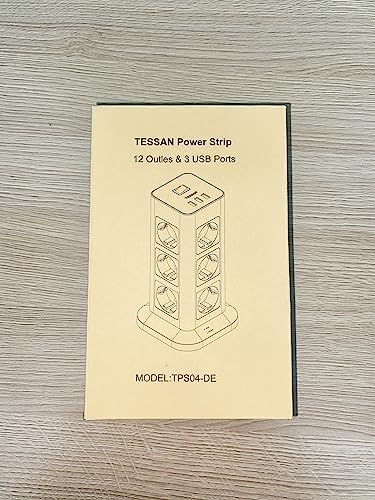 TESSAN 12 Pinowe Gniazdo Rozgałęźne, Listwa Zasilająca z 3 USB, Przedłużacz z Wieloma Wtyczkami 2M, Wieża z Gniazdem USB i Przełącznikiem do Domowego Biura, 3600W