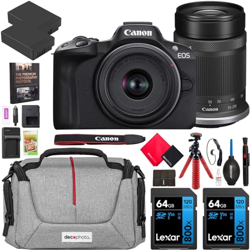 Canon EOS R50 Mirrorless Camera Body w/ 2 Lens Kit RF-S 18-45mm is STM and RF-S 55-210mm is STM 5811C022 Bundle w/Deco Gear Camera Bag + 2X Battery + 2 x 64GB Memory Cards + Photography Ebook & More
