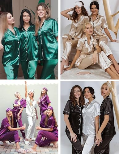 Image of SWOMOG Women Satin Pajamas Set Short Sleeve Top & Pants Sleepwear Silky Button Down Nightwear 2pcs Loungewear Pjs Set